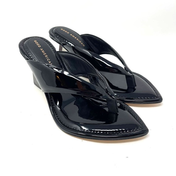 GOOD AMERICAN CINDER F*UCKING RELLA CLEAR WEDGE SANDAL BLACK PATENT LEATHER NWOB - Picture 6 of 15